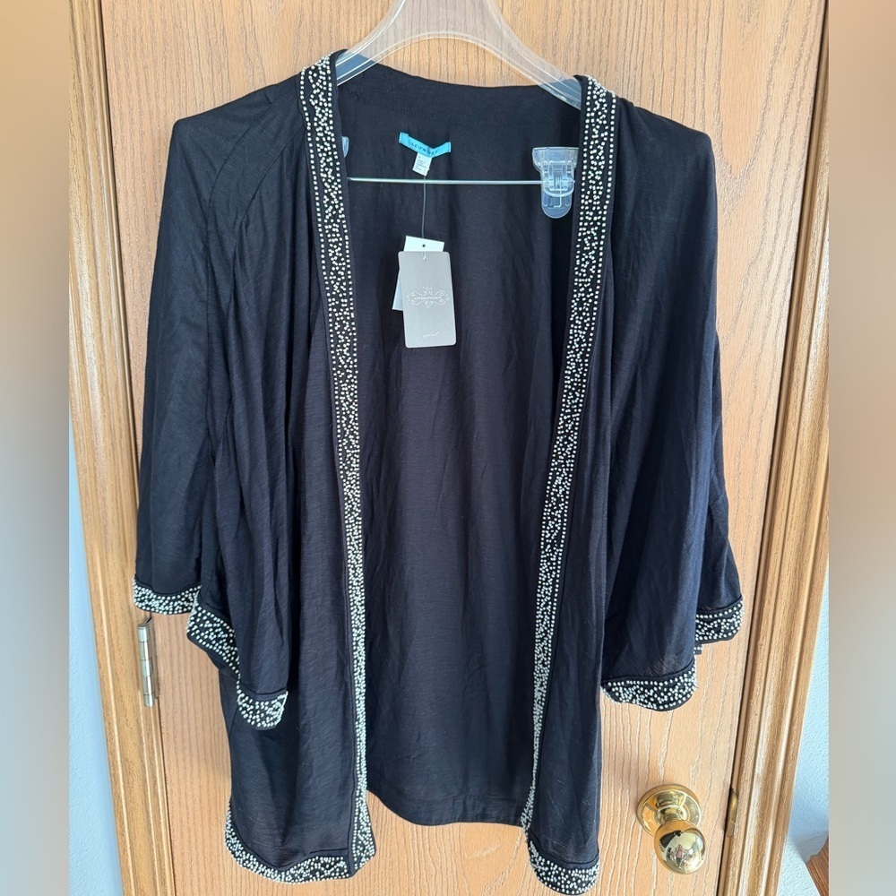 LEIFNOTES Anthropologie Black Open Front Blouse Cape Poncho Top Beads S NWT New